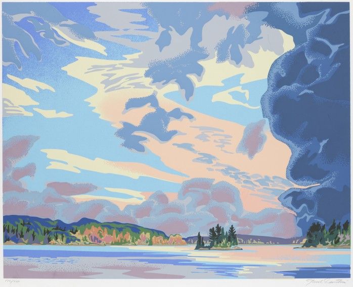 Blue pink pastel print of lake landscape with massive sky.