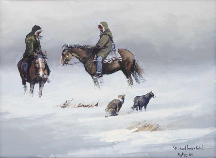 Winter scene with two individuals on hourses in the cold. Two dogs in the foreground.