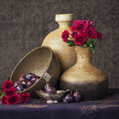 Still Life Red Flowers and Plums